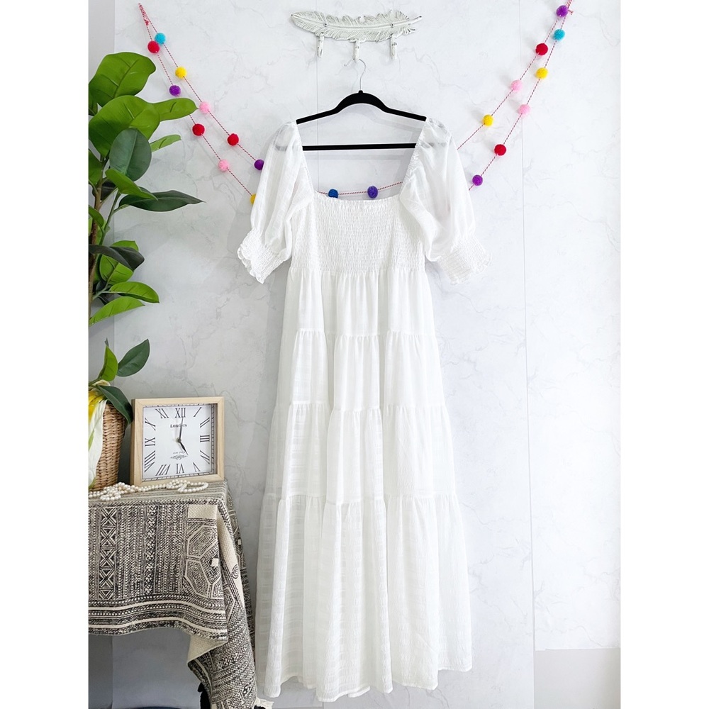 Altar'd State LARGE White Smocked Puff Sleeve Tiered Cottagecore Maxi Dress
